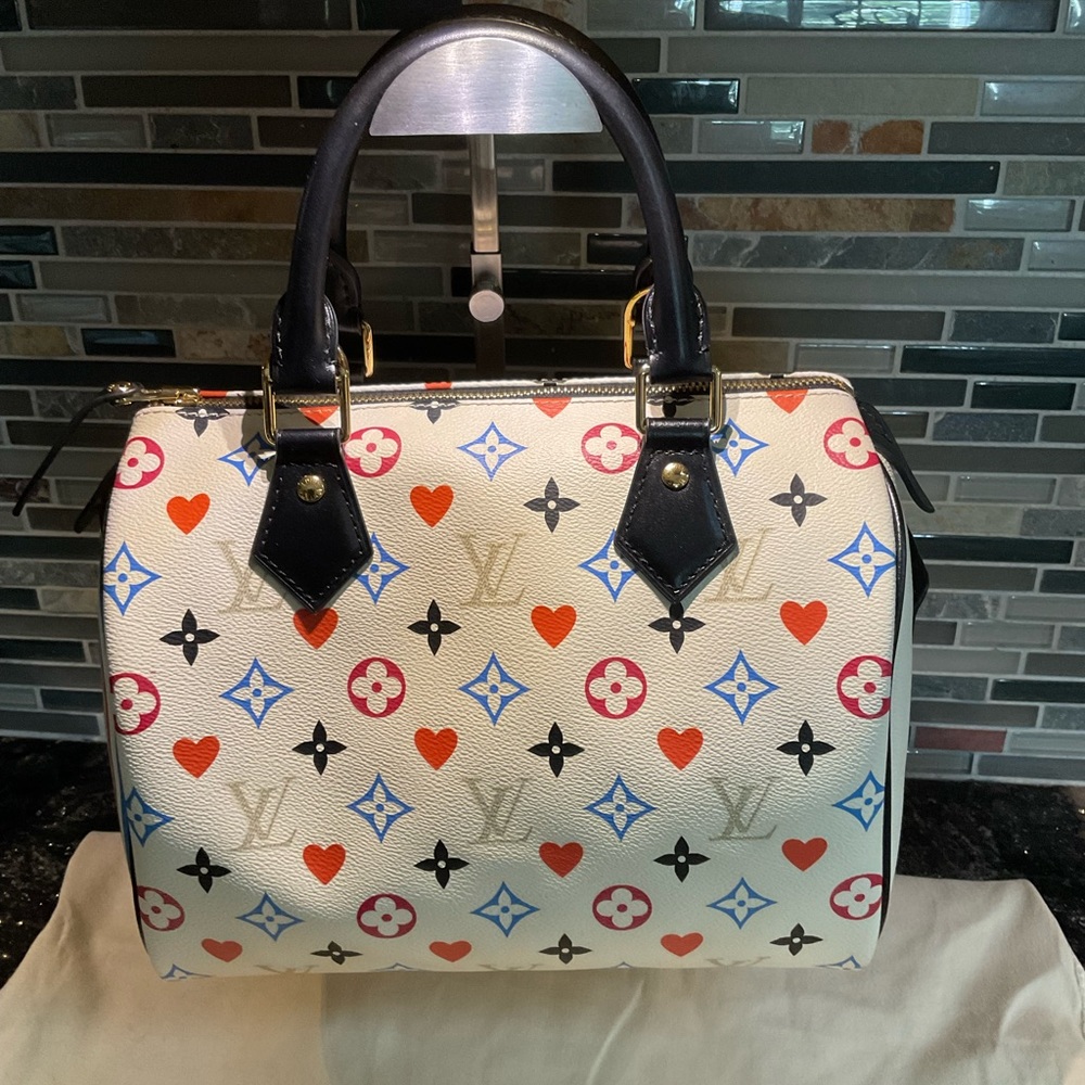 Inspired Speedy Game On white Monogramed bag